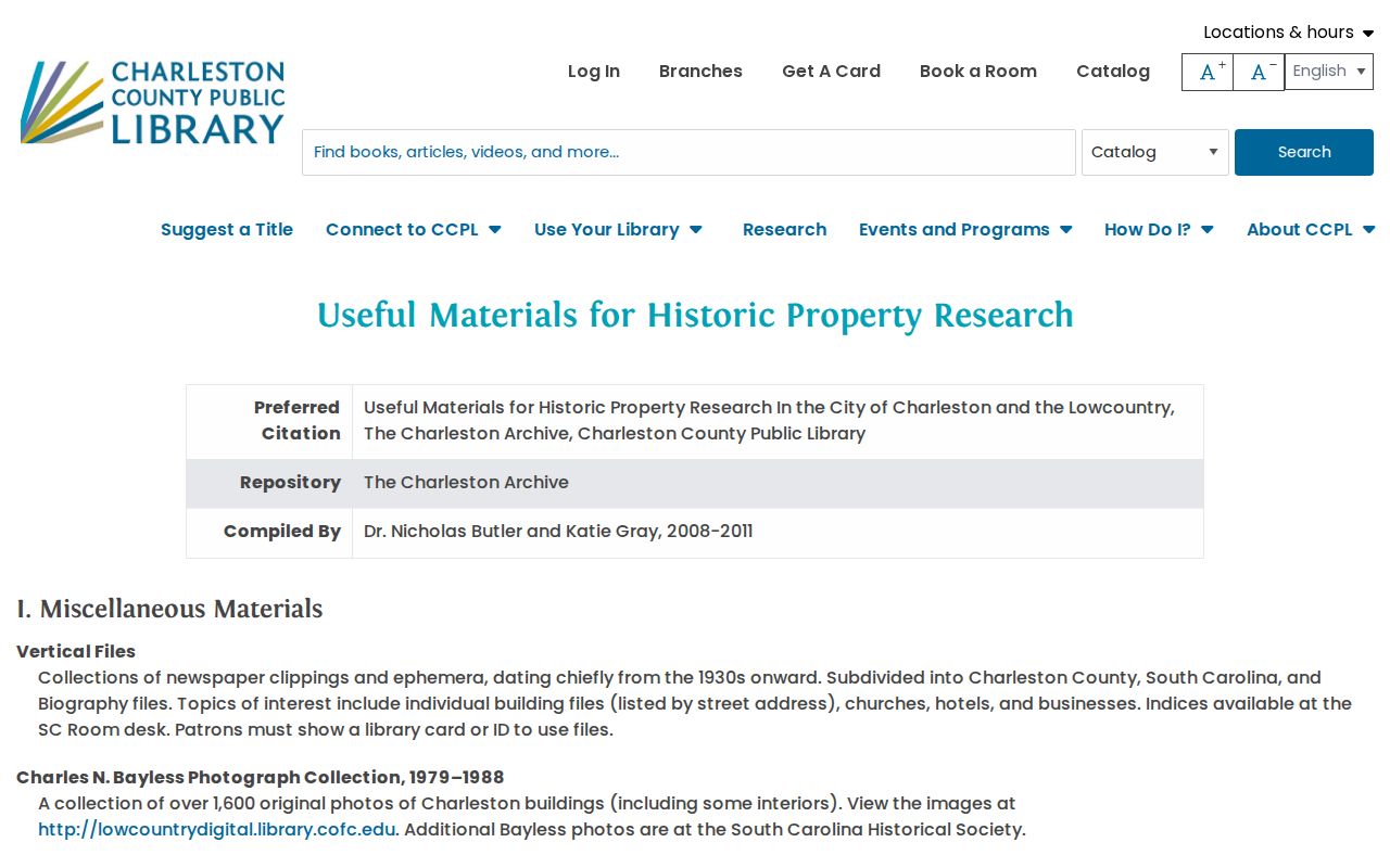Mount Pleasant city directory historic property research guide at Charleston County Public Library
