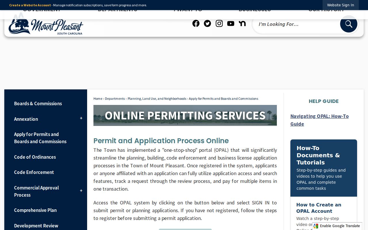 Mount Pleasant street directory OPAL address and permit resource